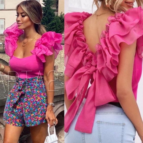 Zara Tops Zara Pink Organza Butterfly Barbie Puff Sleeves Crop Top